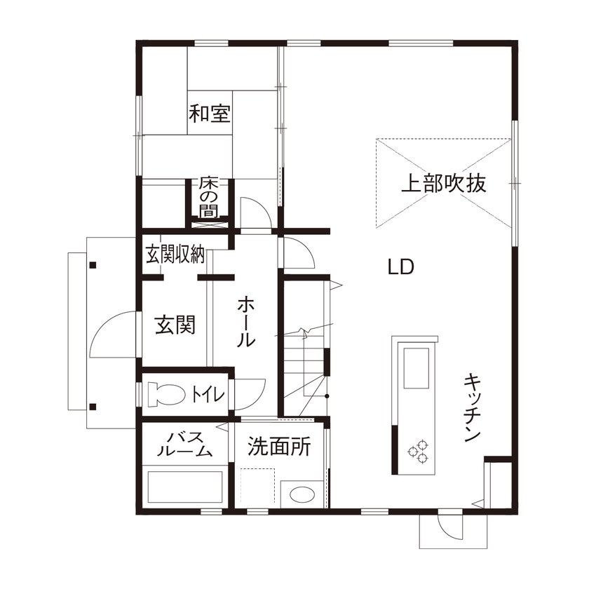 セルコホーム福岡西・宗像（福岡住宅） 回遊できるアイランドキッチンで家事動線がスムーズになる家づくりの間取り図（4LDK）1階