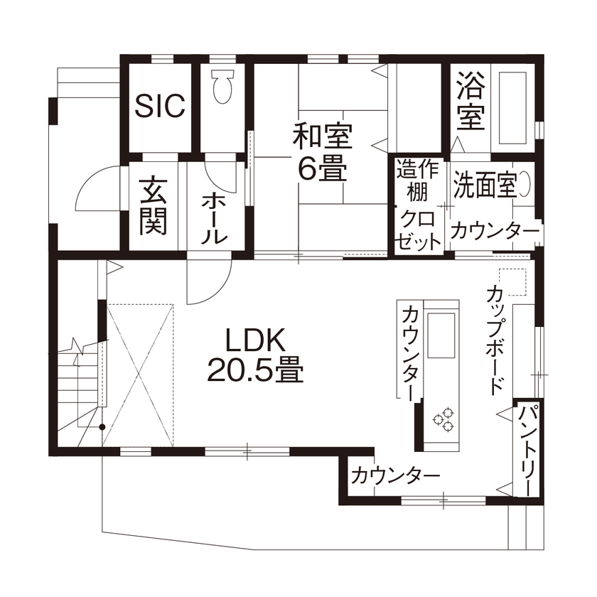 セルコホーム福岡西・宗像（福岡住宅） 小屋裏やシューズインクローゼットなど、適材適所の収納でスッキリとした住空間を実現の間取り図（5K以上）1階