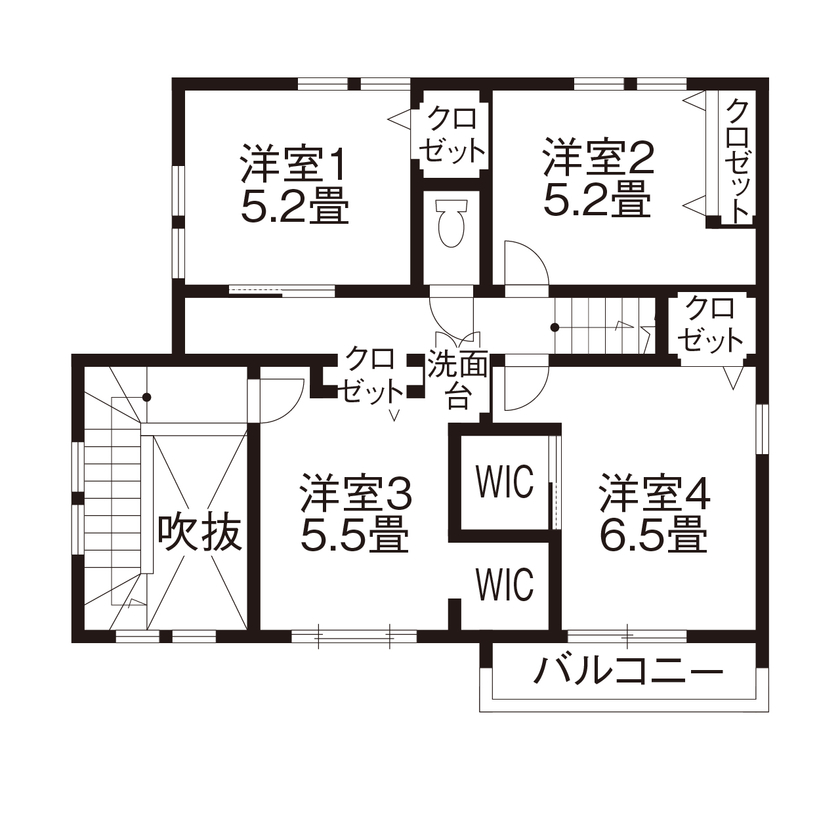 セルコホーム福岡西・宗像（福岡住宅） 小屋裏やシューズインクローゼットなど、適材適所の収納でスッキリとした住空間を実現の間取り図（5K以上）2階