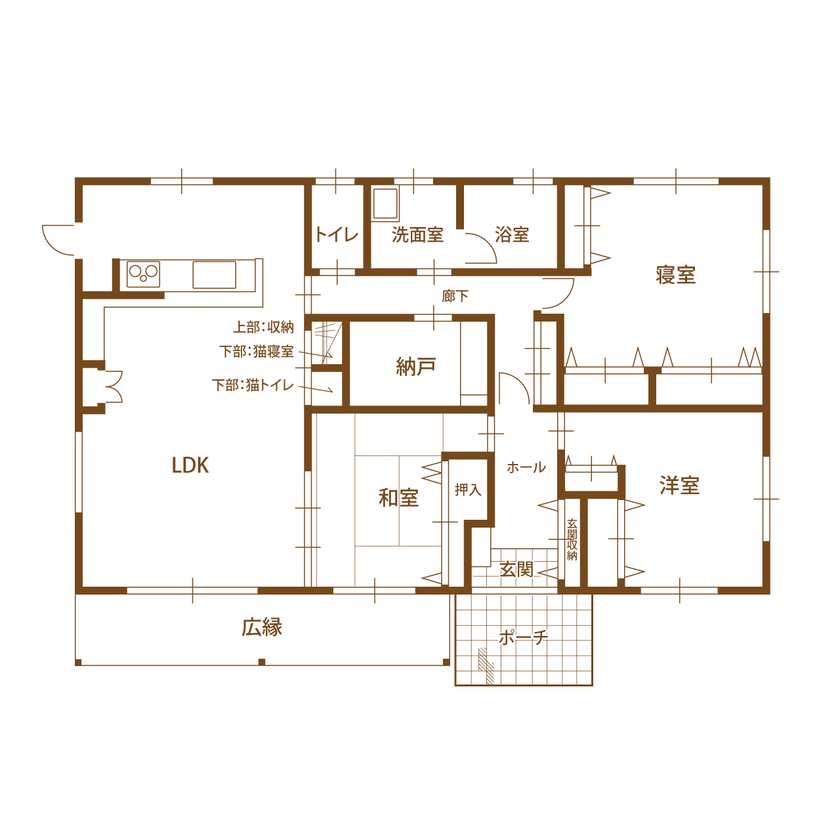 運船建設 【平屋×外張断熱】ネコと暮らす和モダンの平屋の間取り図（3LDK）1階