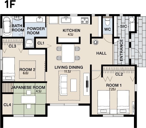 運船建設 【平屋×規格住宅】ご夫婦二人で暮らす3LDK+土間のお家の間取り図（3LDK+土間収納）1階