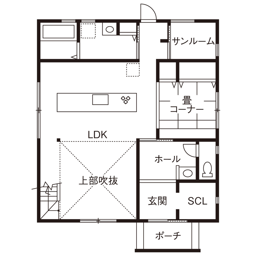 エスクリエイト　 【岸和田/2000万円台/間取り図有】「IELAB」ポポラートキッチンが映える大きな吹き抜けの住まいの間取り図（4LDK）1階