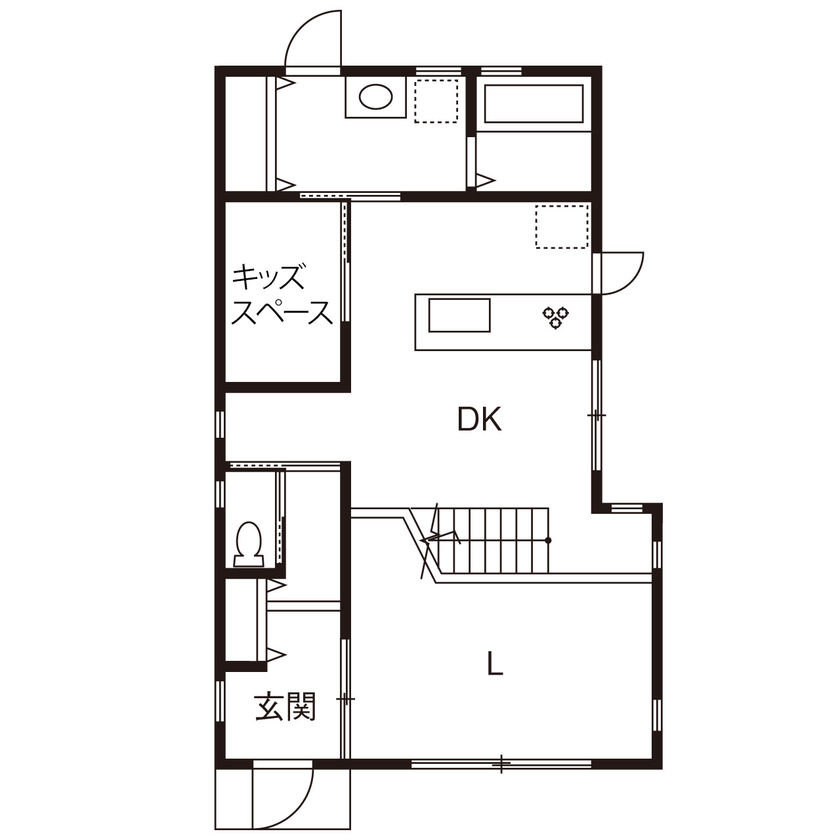 エスクリエイト　 【岸和田/2000万円台/33坪/間取り図】「IELAB」ピットリビングにスリット階段、耐震と断熱のZEH仕様のお家の間取り図（3LDK）1階