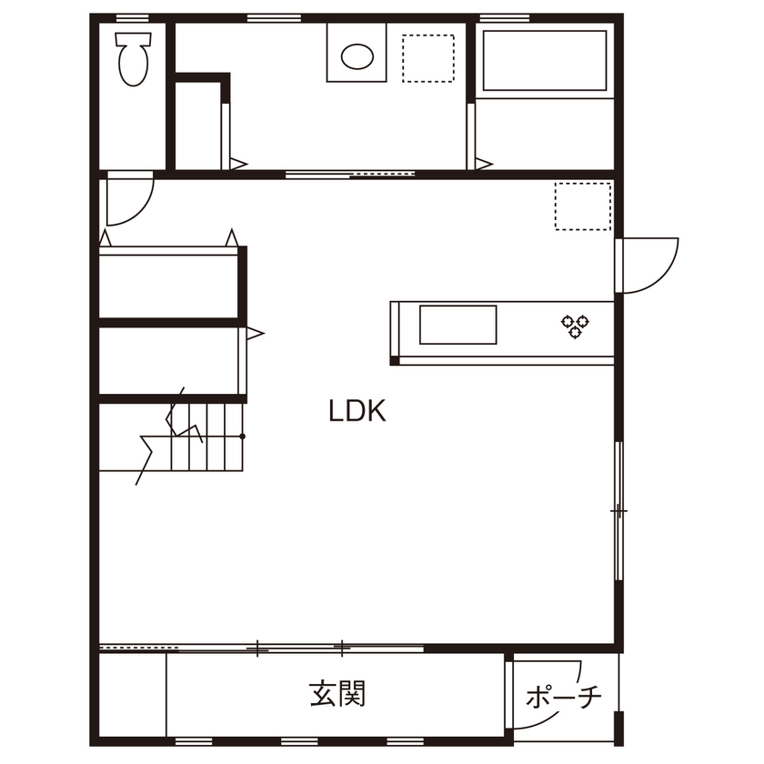 エスクリエイト　 【大阪/1000万円台/延床32坪/間取り図】ヘリンボーンにパーケット、木目がおしゃれ。広いLDKと通り土間の家の間取り図（3LDK）1階