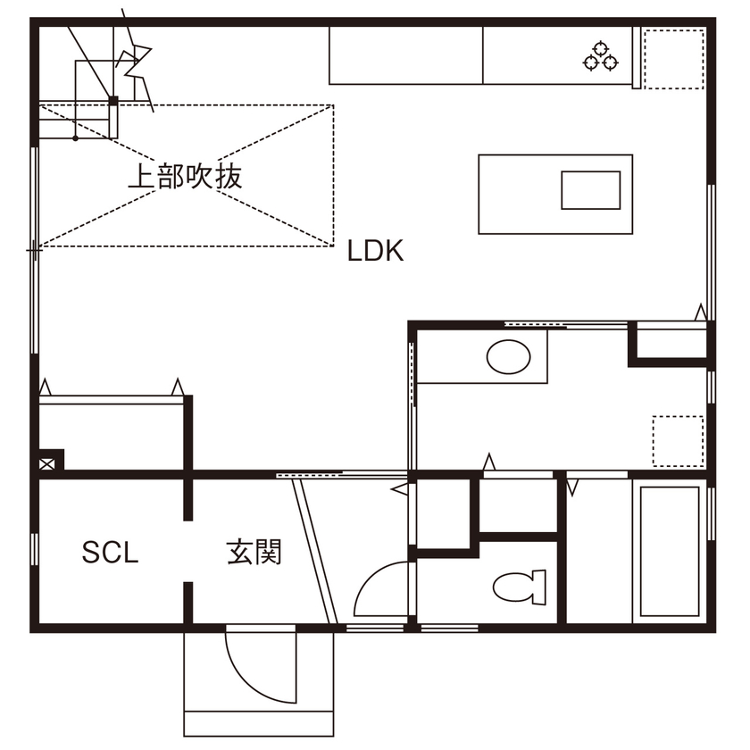 エスクリエイト　 【泉佐野/2000万円台/延床32坪/間取り図】開放感とプライバシーを両立。実面積以上に広がりを感じる家の間取り図（2LDK）1階