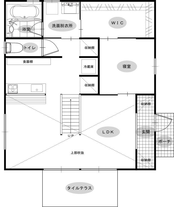 綿半林業 【1000万円台/ひのき/104m2/平屋】上質な自然素材の持ち味を楽しむラグジュアリー感ある平屋の家の間取り図（1LDK＋ロフト）1階
