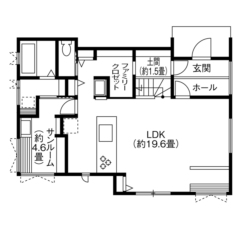 渡辺建設（パナソニックビルダーズグループ） 【裾野市／スタイリッシュ／快適動線】こだわりのインテリアが映える、自慢の家の間取り図（３LDK＋S＋サンルーム）1階