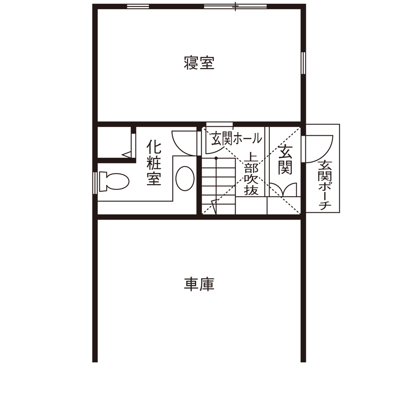 ジェイ・ケイ・ハウス（いわき・北茨城） 【いわき／吹き抜け／30坪以下】ガルバリウム・木目・塗り壁を組み合わせた外観で個性を演出した家の間取り図（1LDK）1階