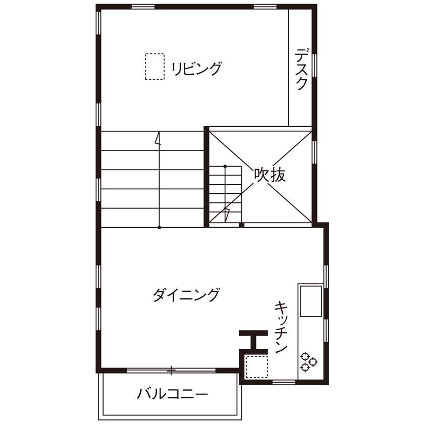 ジェイ・ケイ・ハウス（いわき・北茨城） 【いわき／吹き抜け／30坪以下】ガルバリウム・木目・塗り壁を組み合わせた外観で個性を演出した家の間取り図（1LDK）2階
