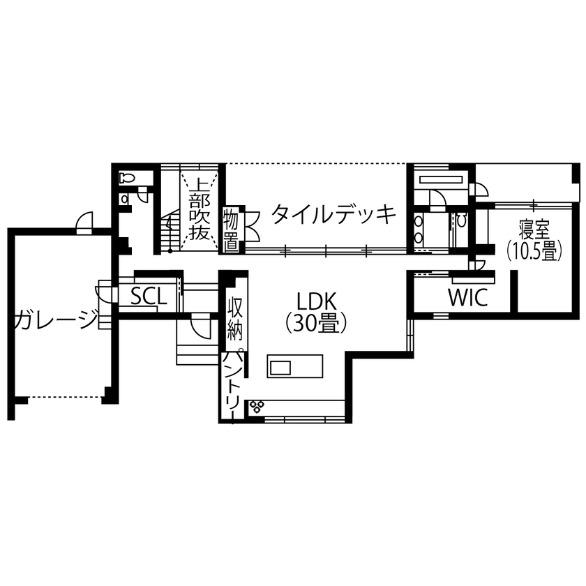 住まいるLABO 【8000万円｜ビルトインガレージ｜薪ストーブ】穏やかな季節も、厳しい季節も…いつも眼下に、海のある生活の間取り図（1LDK＋フリースペース）1階