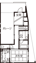 デザオ建設 【京都｜30坪台｜2000万円台｜間取り図有】ビルトインガレージと緑を借景としてデザインの間取り図（3LDK）１階