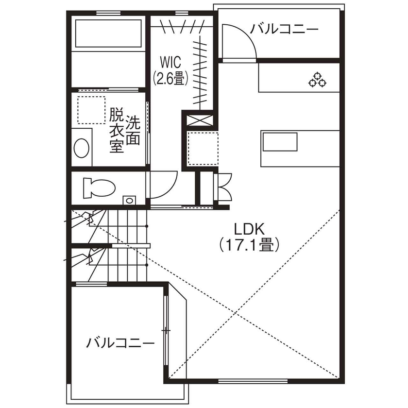 デザオ建設 【京都｜狭小｜30坪台｜2000万円台｜間取り図有】窓際ステップをベンチや引き出し収納として活用の間取り図（３LDK+ロフト）２階