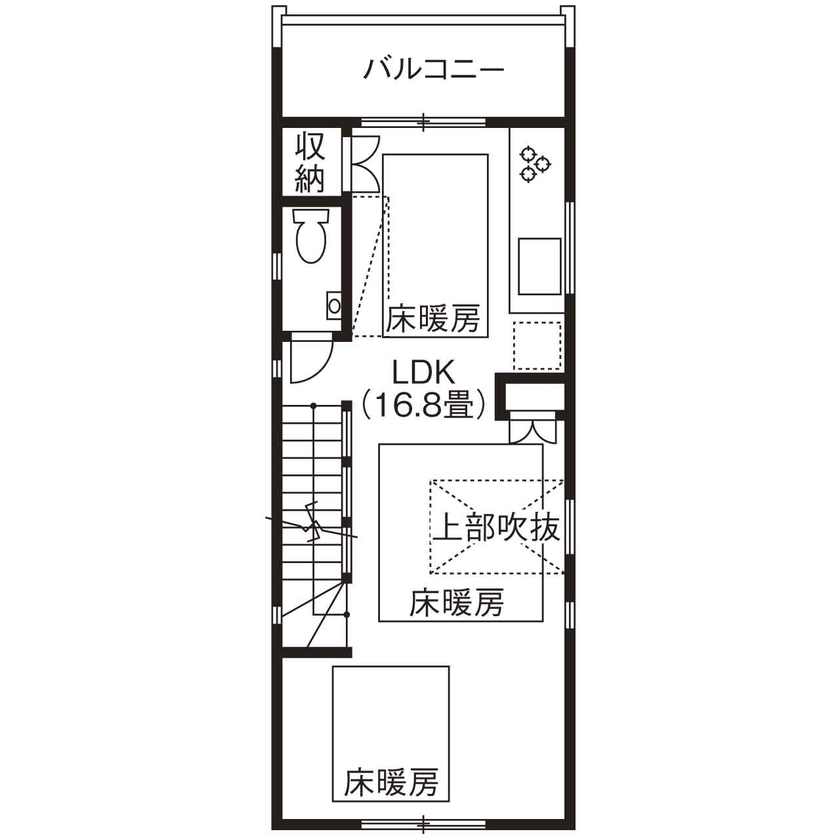 デザオ建設 【京都｜狭小｜30坪台｜2000万円台｜間取り】外観シック、室内イタリアンモダン。エリア限定で土地から計画の間取り図（３LDK）２階