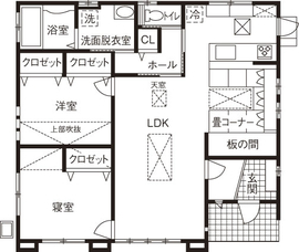 和奏建設〔わかなけんせつ〕 広々リビングにこだわりを。 断熱性能に優れた平屋の間取り図（2LDK）1階