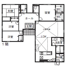 和奏建設〔わかなけんせつ〕 「階段のない暮らしで楽ですね」開放的な勾配天井の住みよい平屋の間取り図（3LDK）1階