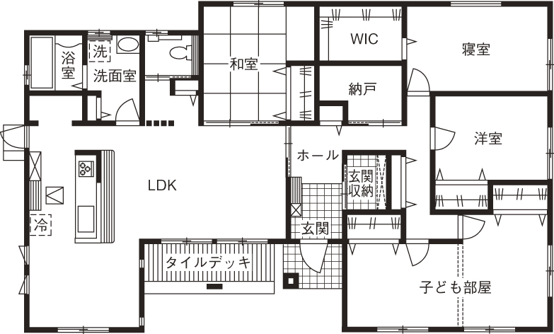 和奏建設〔わかなけんせつ〕 「家全体を包む断熱材の量に驚き！」家事ラク動線が嬉しい平屋の間取り図（4LDK）1階