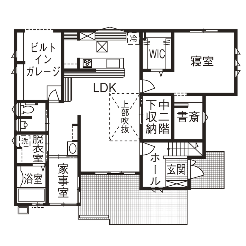 和奏建設〔わかなけんせつ〕 中2階やデッキが暮らしを彩る！外張り断熱で快適＆省エネの家の間取り図（4LDK）１階