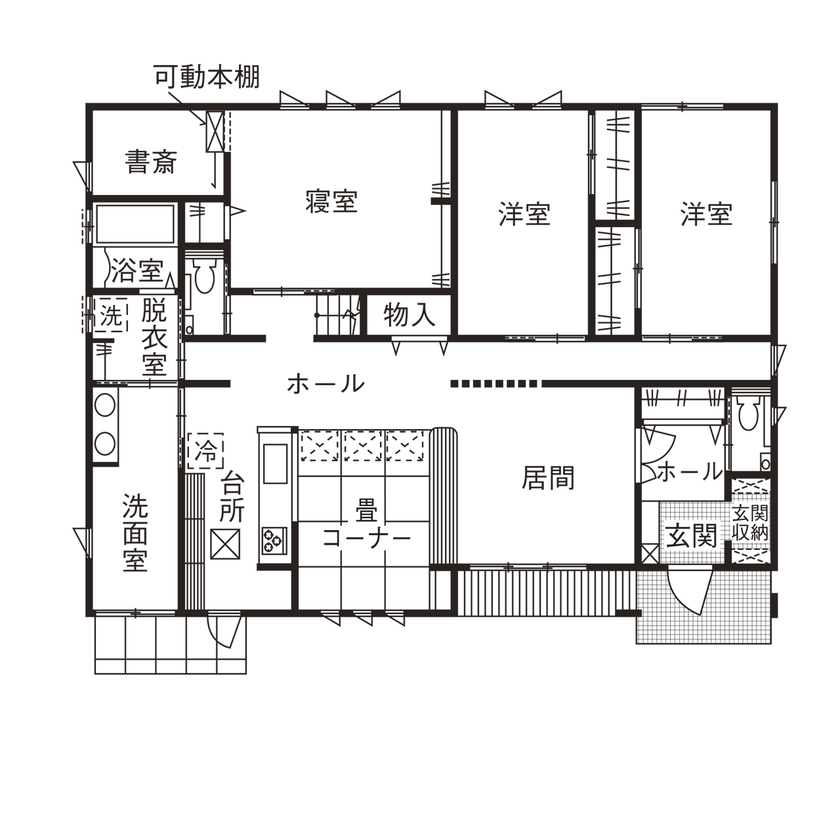 和奏建設〔わかなけんせつ〕 夏も冬もエアコン一台で快適に。家族がLDKに自然と集まる平屋の間取り図（3LDK）１階