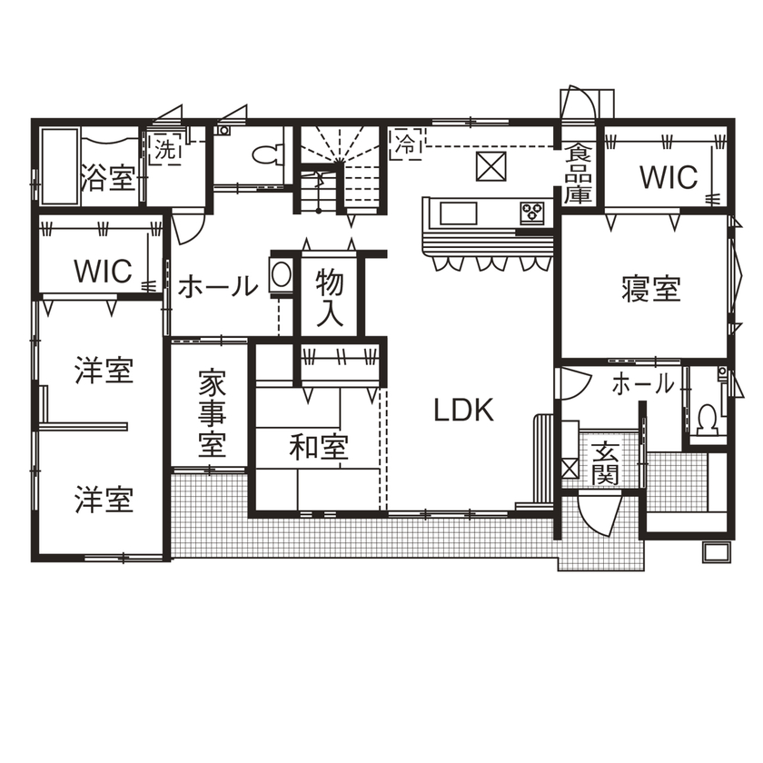 和奏建設〔わかなけんせつ〕 冷暖房1台で快適な外張り断熱。要望が詰まった平屋ベースの家の間取り図（4LDK）1階