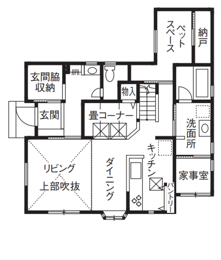 和奏建設〔わかなけんせつ〕 吹き抜けの開放感がお気に入り！猫と暮らす1年中快適な家の間取り図（4LDK）1階