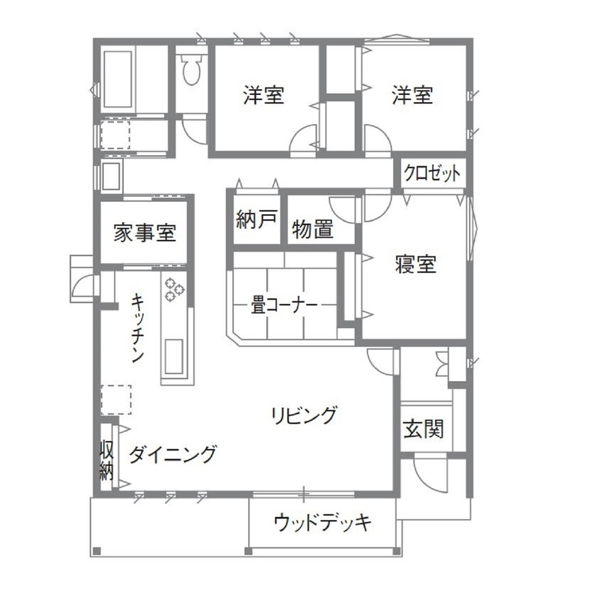 和奏建設〔わかなけんせつ〕 開放感と省エネを叶えた住宅性能。家族のつながりを感じられる平屋の間取り図（3LDK）1階