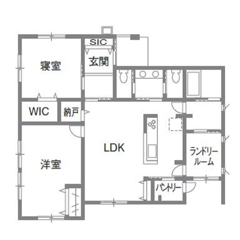 和奏建設〔わかなけんせつ〕  エアコンの効きの良さに「感動！」コスパにも大満足の家事ラクな平屋の間取り図（2LDK）1階