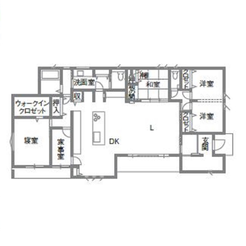 和奏建設〔わかなけんせつ〕  契約前の打合せで理想をカタチに。今も未来も、ずっと住みやすい平屋の間取り図（4LDK）1階