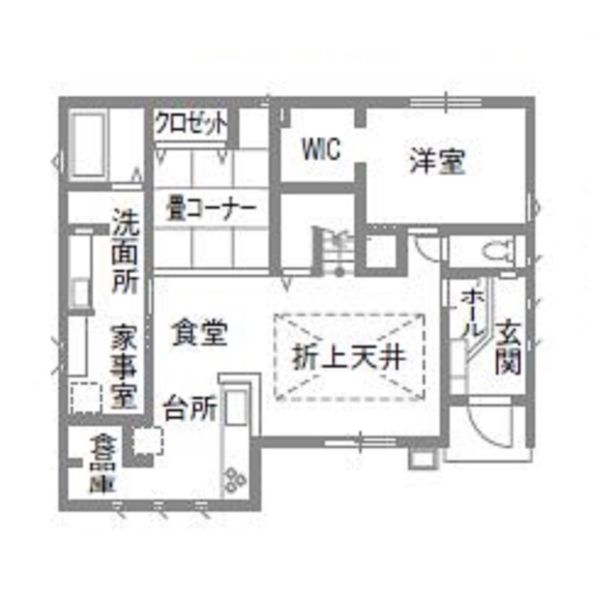 和奏建設〔わかなけんせつ〕 家族の団らんと家事効率を大切に。広がり空間でも外張り断熱で快適！の間取り図（4LDK（将来間仕切り））1階