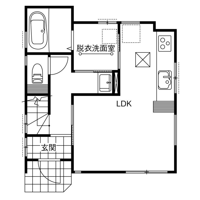 ヤマノ【埼玉県】 【1000万円台／狭小地／家事動線／間取図有】敷地を有効活用。シンプルモダンのスタイリッシュな家の間取り図（2LDK）1階