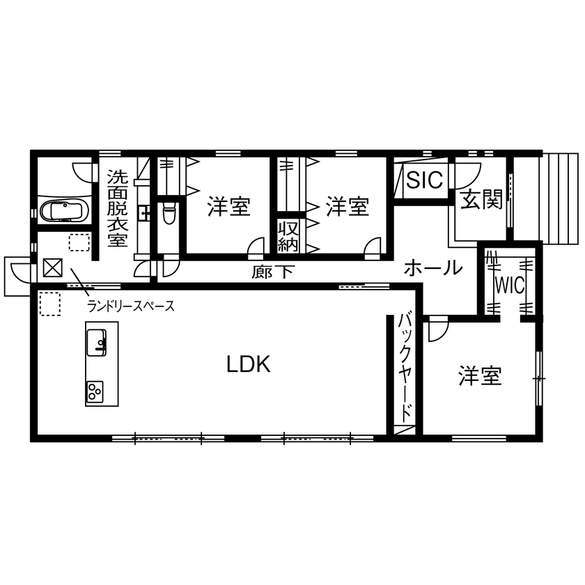 ヤマノ【埼玉県】 【平屋／ランドリースペース／間取図】多彩な素材が組み合わされたラグジュアリーな平屋の間取り図（3LDK+洗濯室+WIC）1階