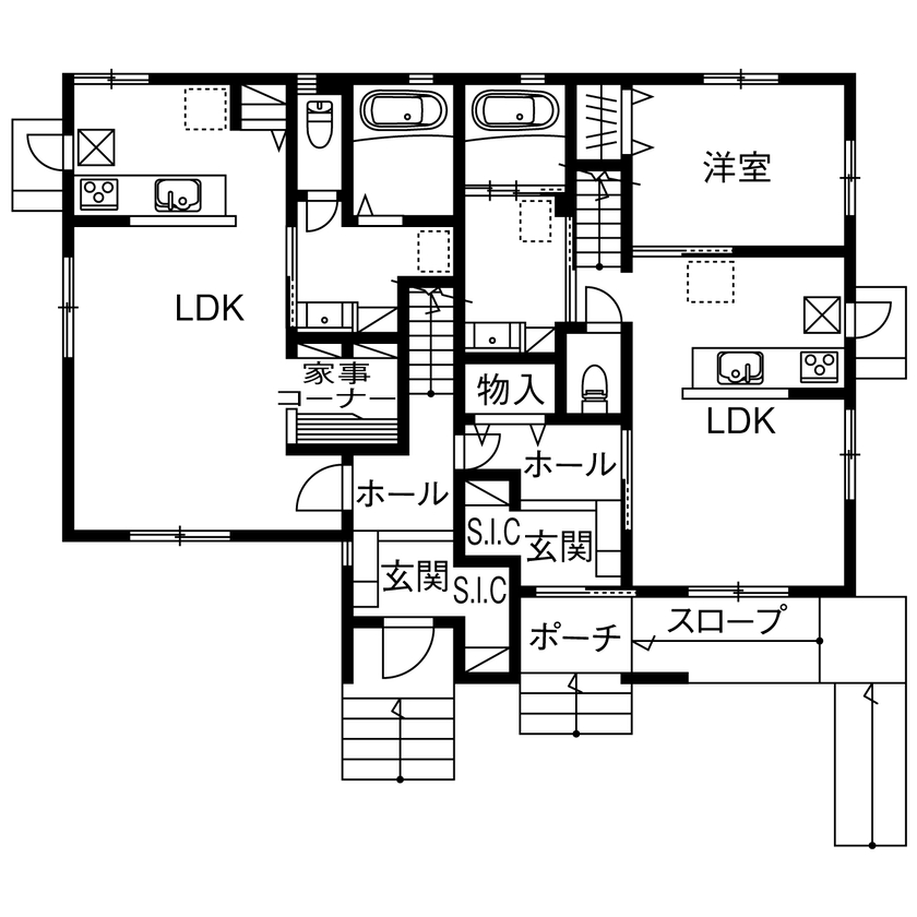 ヤマノ【埼玉県】 【二世帯住宅／収納充実／間取図】子世帯は広く伸びやかに、親世帯はバリアフリーを実現した二世帯住宅の間取り図（3LDK+4LDK+小屋裏）1階