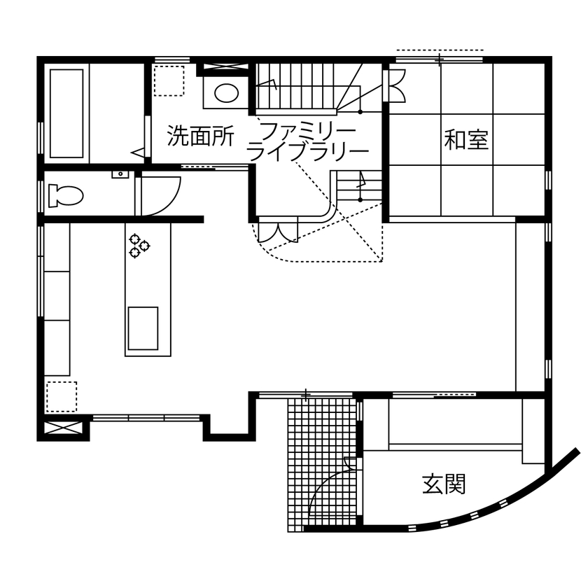 タスク（ユニバーサルホーム半田店） 【半田市｜間取り図有｜吹抜けリビング｜小屋裏収納｜2000万円台】開放感ある間取りに冴え渡る曲線美の間取り図（3LDK）1階