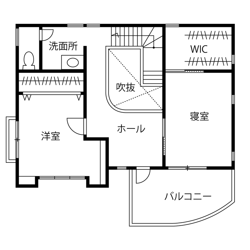 タスク（ユニバーサルホーム半田店） 【半田市｜間取り図有｜吹抜けリビング｜小屋裏収納｜2000万円台】開放感ある間取りに冴え渡る曲線美の間取り図（3LDK）2階