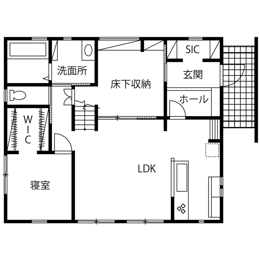 タスク（ユニバーサルホーム半田店） 【半田市｜1000万円台｜平屋｜間取り図有】地熱床暖房の快適性にゾッコン！＋α空間有スキップフロアの平屋の間取り図（2LDK）1階