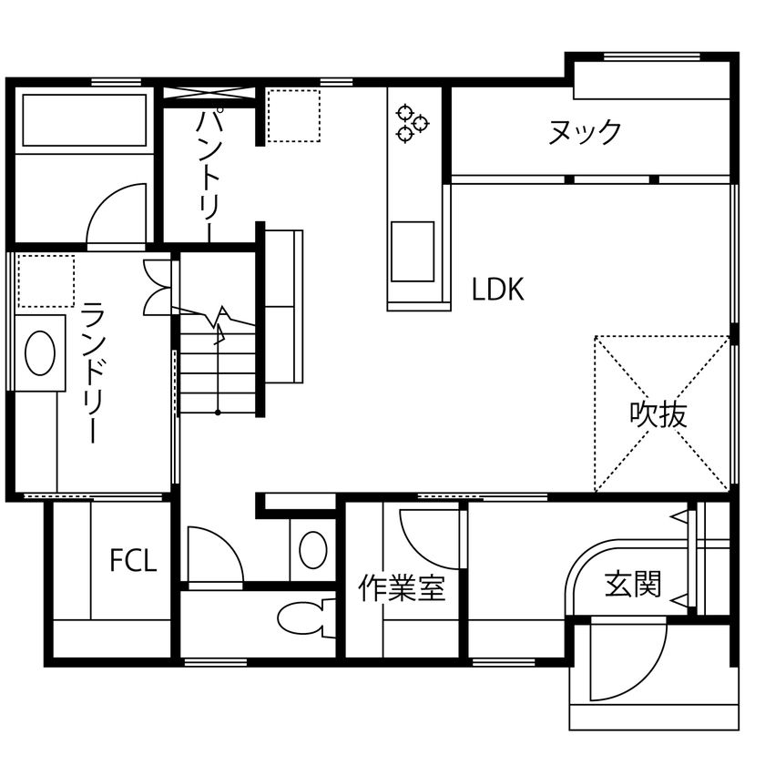 タスク（ユニバーサルホーム半田店） 【2000万円台｜間取り有｜吹抜け】有効面積の限られる旗竿地でも設計の工夫で明るく広々！こだわり満載の家の間取り図（3LDK）1階