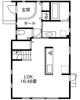 シーキューブ 《八尾市：1500～2000万円》無垢の木でキッチンを可愛く。26坪の土地で叶えた理想の空間の間取り図（3LDK）1階