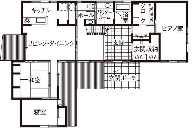 シーキューブ 【坪70万円台/間取図有】内と外をつなぎ、個と家族をつなぐ。設計士と創る家族に寄り添う住まいの間取り図（5LDK+LDK＋ピアノ室）1階