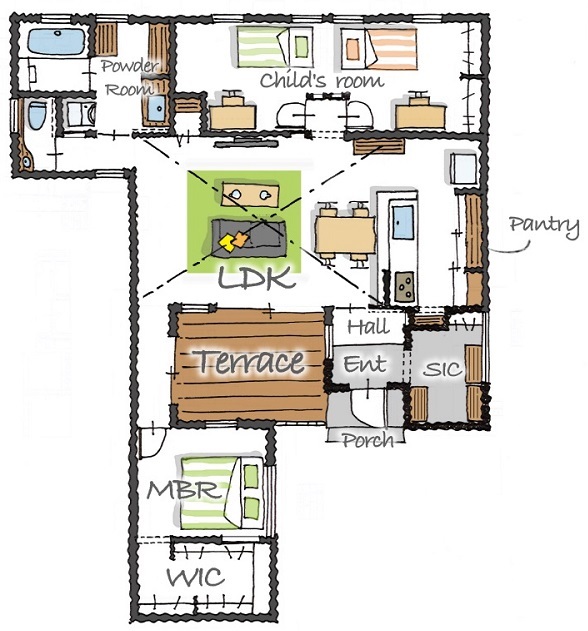 シーキューブ 【1000万円台/20坪台】勾配天井と吹抜けのある大空間リビングが気持ちいい『平屋の家』の間取り図（3LDK）1階