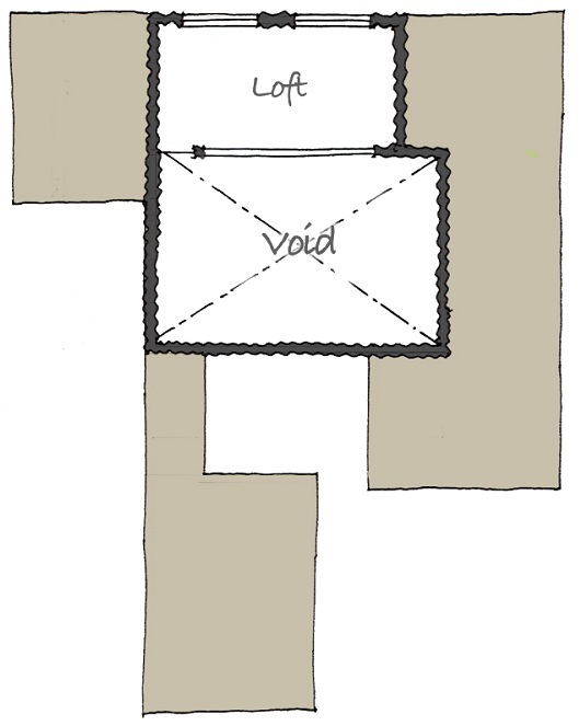 シーキューブ 【1000万円台/20坪台】勾配天井と吹抜けのある大空間リビングが気持ちいい『平屋の家』の間取り図（3LDK）2階