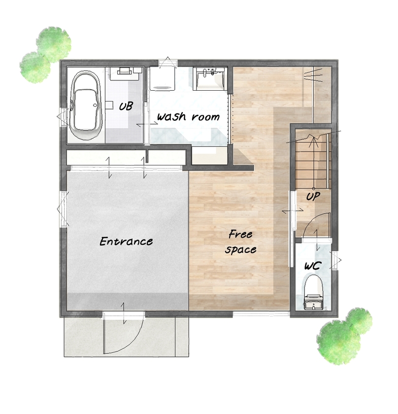 シーキューブ 《八尾市：1500～2000万円台》敷地約19坪で叶えた大空間に木と緑が映える家の間取り図（1LDK）1階