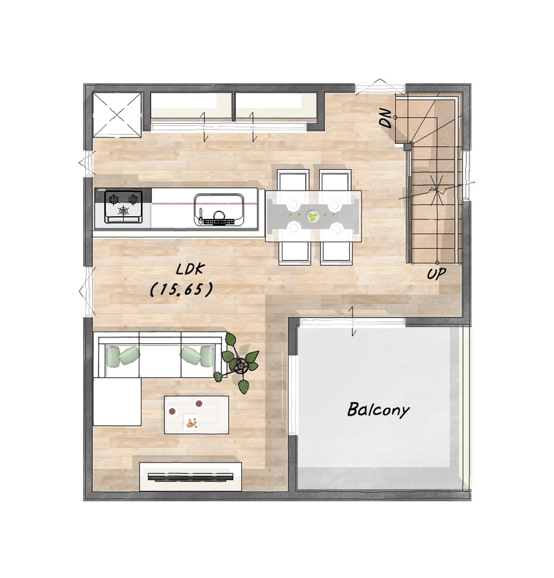シーキューブ 《八尾市：1500～2000万円台》敷地約19坪で叶えた大空間に木と緑が映える家の間取り図（1LDK）2階