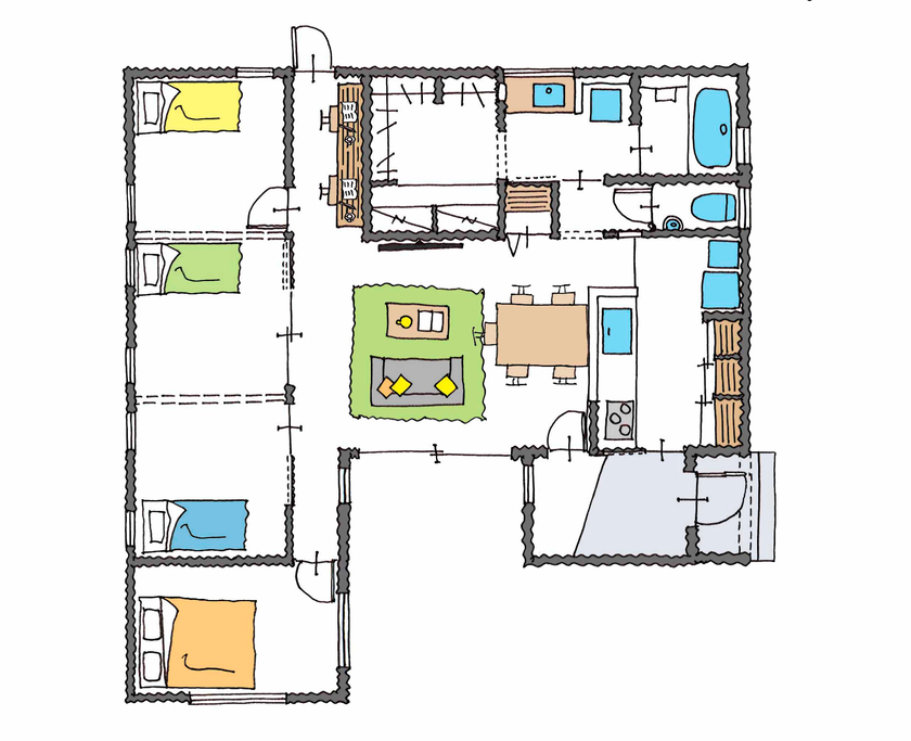 シーキューブ 【羽曳野市／約26坪の平屋／４LDK】ラクラク家事動線。ウッドデッキのある西海岸風の平屋の間取り図（4LDK）1階