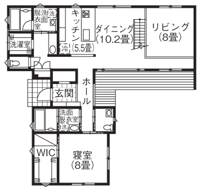 テクノホーム 【間取り図有】L字型の住まいで空や庭を独占。「お洒落」も「快適」も叶えた自然素材の家の間取り図（5K以上）１階