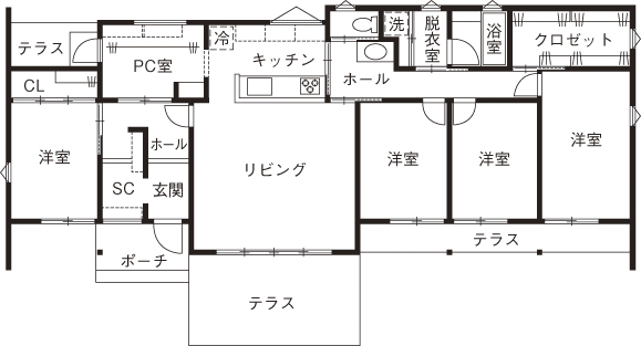 テクノホーム 【間取り図有】自分らしさを「本物」の素材で描く。緑・光・風に包まれる平屋で過ごす、スローライフな日々の間取り図（4LDK）1階