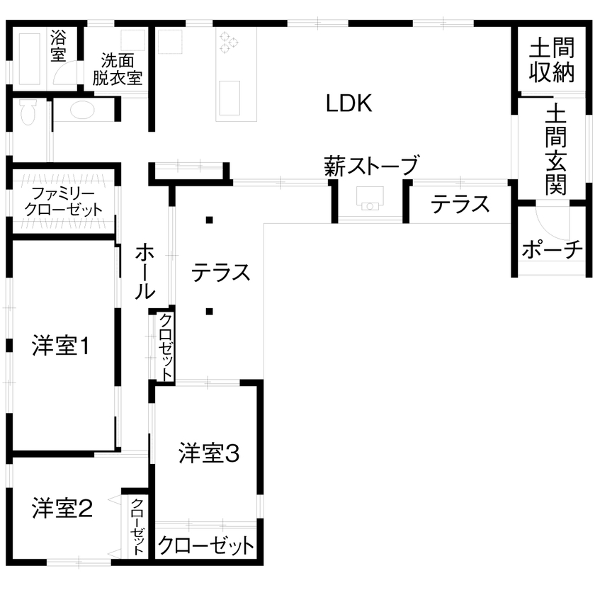 テクノホーム 【平屋/2000万円台/間取り図有】大きな中庭と薪ストーブがシンボルの、設計士と共に建てた家の間取り図（3LDK）1階
