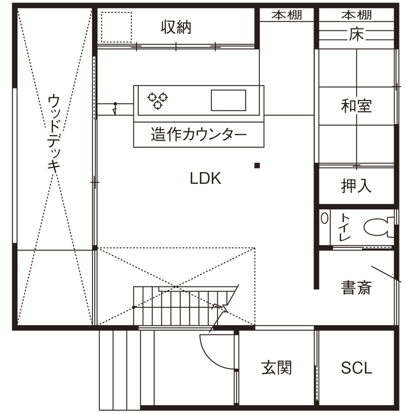 Grand Living（グランリビング） 『Bocca』【大阪府／2000万円台／掘り込みアイランドキッチン／隠す収納／造作本棚／ウッドデッキ】の間取り図（3LDK＋書斎）1階