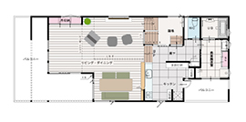 Kocoro house 【50坪以上の土地｜栗東市｜間取り図有】リビングスキップフロアと屋根付きアウトドアバルコニーのある家の間取り図（3LDK+ロフト）2階