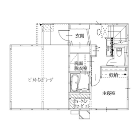Kocoro house 【1000万円台後半｜大津市｜間取り図有】吹き抜けのある2階リビングとインナーガレージの家の間取り図（3LDK+ロフト+小屋裏）1階