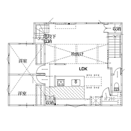 Kocoro house 【1000万円台後半｜大津市｜間取り図有】吹き抜けのある2階リビングとインナーガレージの家の間取り図（3LDK+ロフト+小屋裏）2階