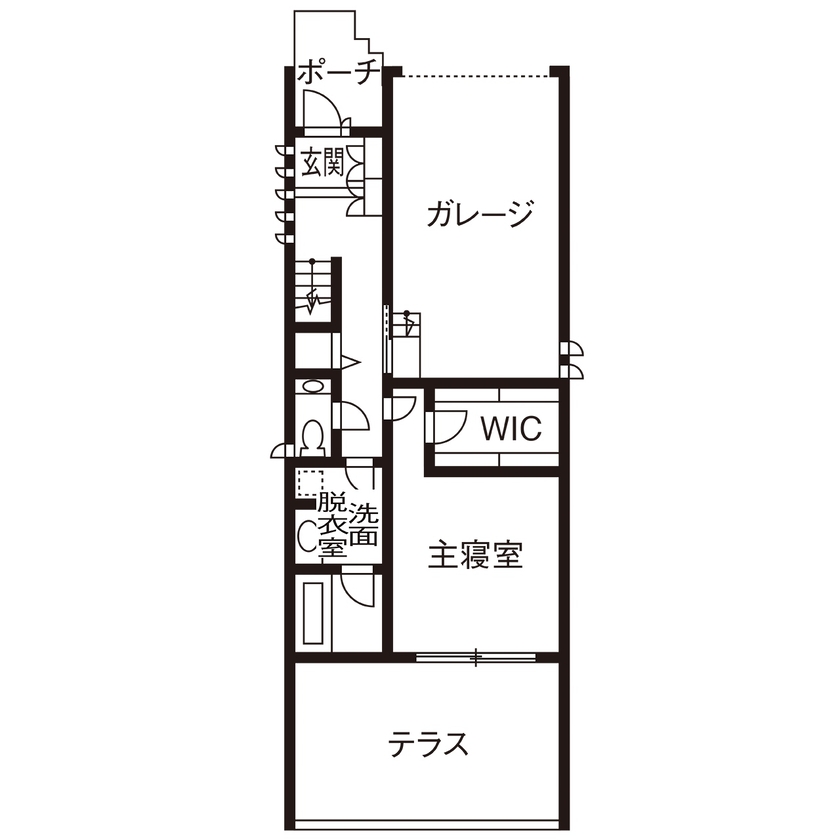 ハビの家 【41.4坪/ガレージ/間取り有】床、壁、梁で「額」を創り、景色を絵画に見立てたオーシャンビューの家の間取り図（2LDK）1階